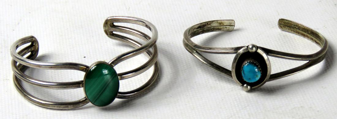 LOT (2) SOUTH WESTERN DESIGN STERLING SILVER BRACELETS: LOT (2) SOUTH WESTERN DESIGN STERLING SILVER BRACELETS WITH TURQUOISE AND MALACHITE