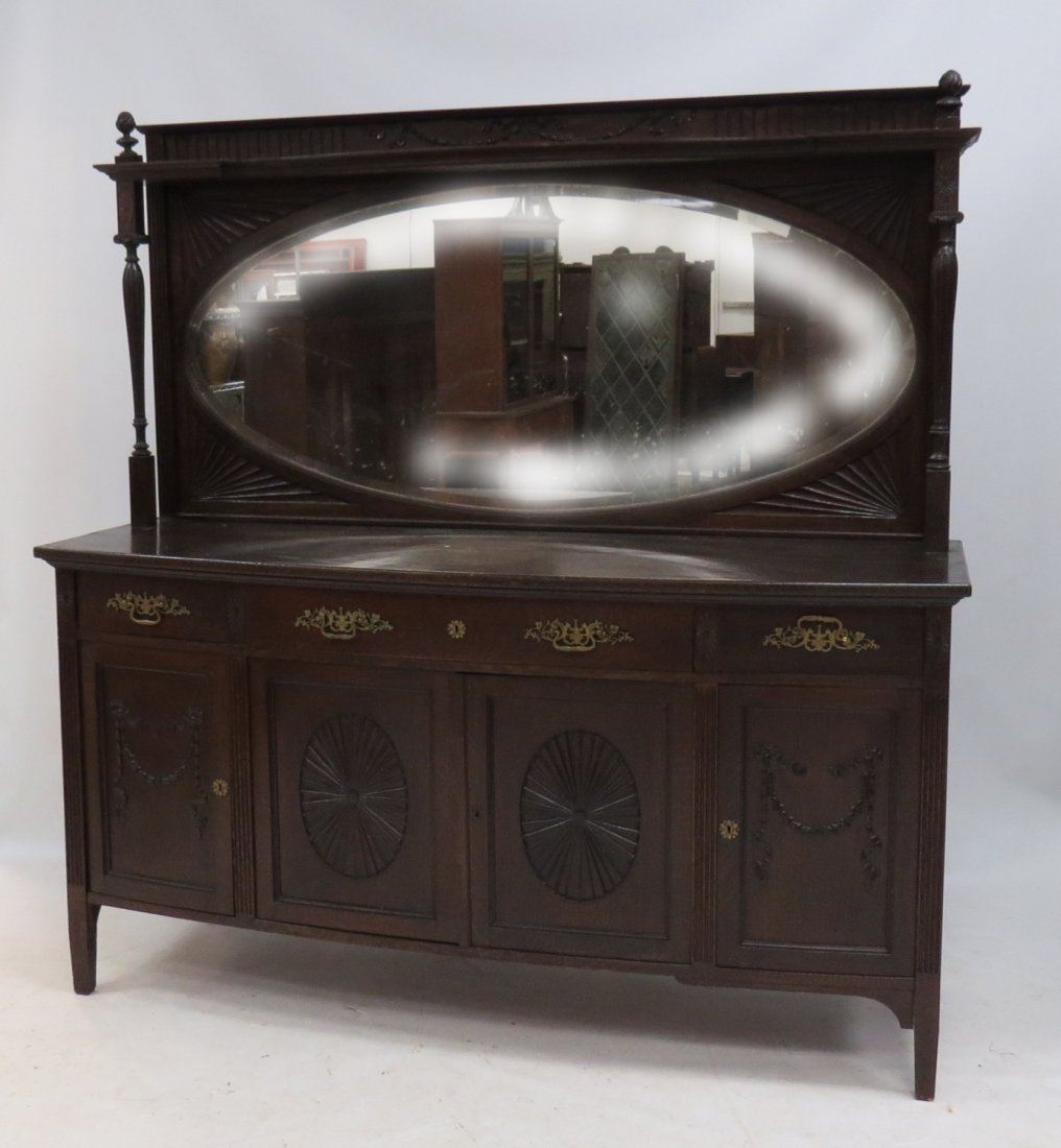 ADAM REVIVAL CARVED OAK SIDEBOARD WITH MIRROR BACK, (1 of 3)