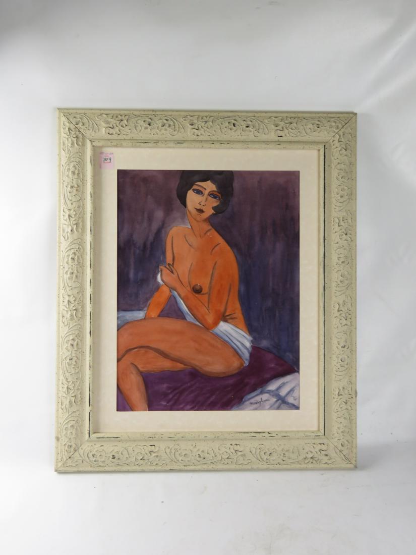 AFTER AMEDEO MODIGLIANI, WATERCOLOR, UNTITLED NUDE,: AFTER AMEDEO MODIGLIANI, WATERCOLOR, UNTITLED NUDE, SIGNED. SIGHT 16 3/4 X 12 3/4"; FRAMED 25 X 21"