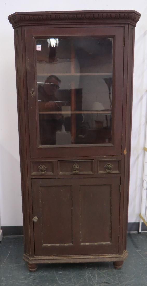 DIMINUTIVE CARVED CORNER CABINET WITH RED WASH, 19TH (1 of 2)