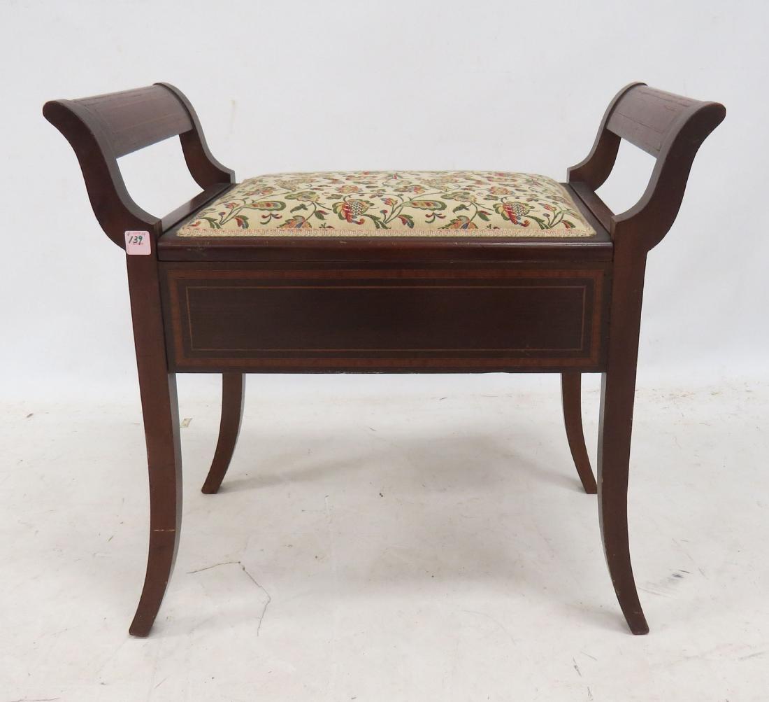 HEPPLEWHITE STYLE CARVED FRUITWOOD & INLAID PIANO: HEPPLEWHITE STYLE CARVED FRUITWOOD & INLAID PIANO BENCH, 20TH CENTURY. HEIGHT 25"; WIDTH 27"