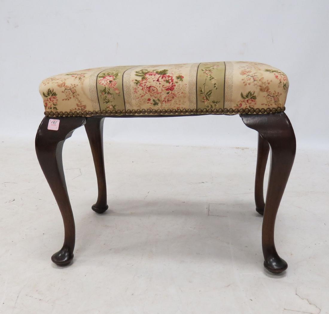 QUEEN ANNE STYLE MAHOGANY HIGH-LEG UPHOLSTERED STOOL, (1 of 3)