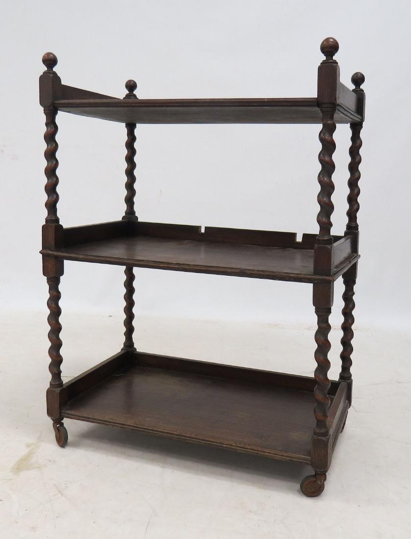 OAK BARLEY TWIST 3-TIER STAND ON WHEELS, 19TH CENTURY. (1 of 3)