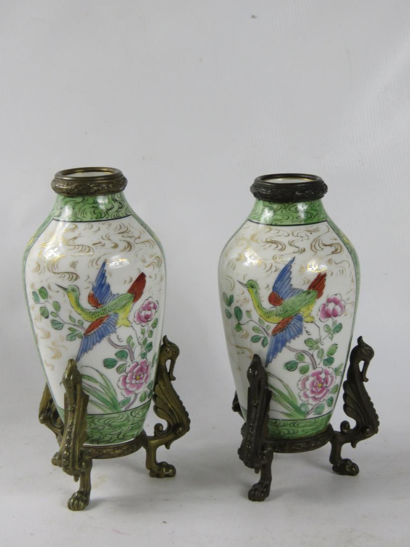 PAIR LIMOGES DECORATED CHINOISERIE BRONZE MOUNTED: PAIR LIMOGES DECORATED CHINOISERIE BRONZE MOUNTED VASES. HEIGHT 6 1/2"