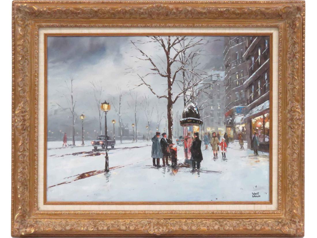 ROBERT LEBRON (AMERICAN 1928-2013), OIL ON CANVAS,: ROBERT LEBRON (AMERICAN 1928-2013), OIL ON CANVAS, WINTER STREET SCENE, SIGNED. 17 X 23"; FRAMED 25 X 31"