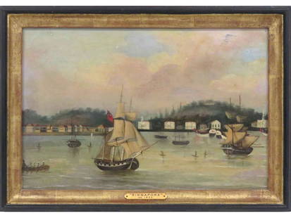 CHINESE EXPORT SCHOOL (19TH CENTURY), OIL ON CANVAS,: CHINESE EXPORT SCHOOL (19TH CENTURY), OIL ON CANVAS, "SINGAPORE", UNSIGNED & LABELED, C.1820. 10 1/2 X 15"; FRAMED 12 1/2 X 17 1/2" (RELINED) PROVENANCE: KENNEDY GALLERIES, INC, 20 E. 56TH ST, NYC, LA