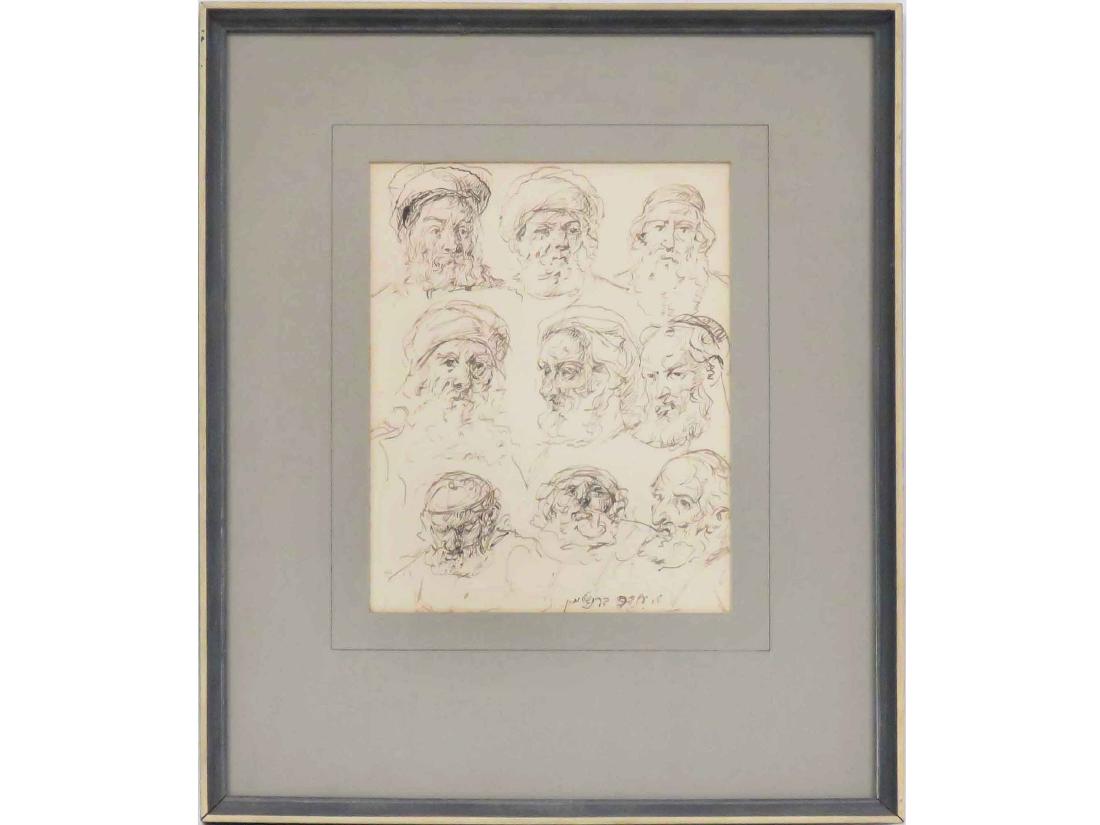 GERMAN SCHOOL (19TH CENTURY), INK ON PAPER, (9): GERMAN SCHOOL (19TH CENTURY), INK ON PAPER, (9) STUDIES, SIGNED (HEBREW). SIGHT 9 X 7"; FRAMED & GLAZED-16 1/2 X 14"