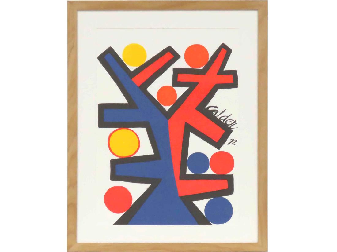 ALEXANDER CALDER, LITHOGRAPH, ABSTRACT WITH BALLS,: ALEXANDER CALDER, LITHOGRAPH, ABSTRACT WITH BALLS, SIGNED (IN PLATE) '72. SIGHT 32 X 22 1/2"; FRAMED AND GLAZED 40 1/2 X 31 1/4"