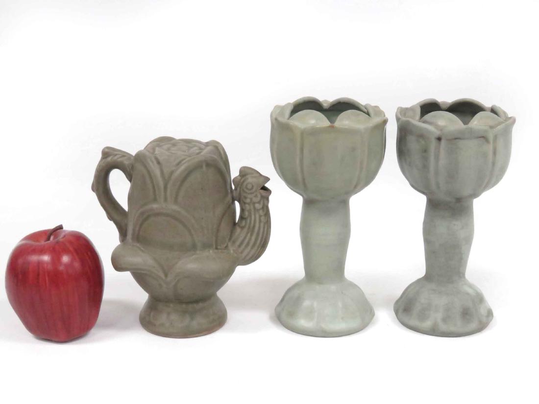 LOT (3) CHINESE YUEH WARE CELADON PORCELAIN INCLUDING: LOT (3) CHINESE YUEH WARE CELADON PORCELAIN INCLUDING WINE MYSTERY POT, HEIGHT 6 1/2" & PAIR STEM VASES, HEIGHT 7 1/4"