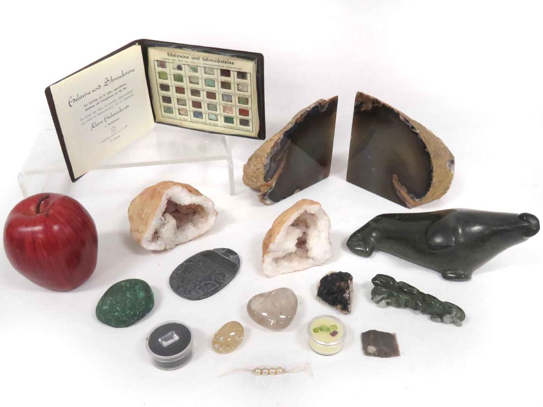 LOT INCLUDING MINERALS (AGATE BOOKENDS, QUARTZ GEODE,: LOT INCLUDING MINERALS (AGATE BOOKENDS, QUARTZ GEODE, ROCK CRYSTAL, MALACHITE, JADE CARVING, UN-MOUNTED GEMSTONES, ESKIMO CARVED STEATITE WALRUS, GERMAN MINERAL COLLECTION, ETC.