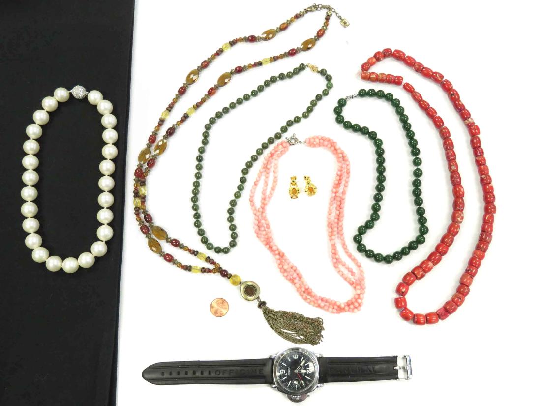 ASSORTED COSTUME JEWELRY INCLUDING ANGEL AND DYED CORAL: ASSORTED COSTUME JEWELRY INCLUDING ANGEL AND DYED CORAL NECKLACES AND PANERAI DIVER'S WATCH