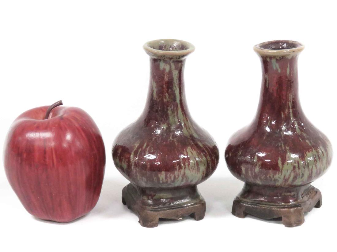 PAIR CHINESE GLAZED STONEWARE VASES ON STANDS. HEIGHT 5: PAIR CHINESE GLAZED STONEWARE VASES ON STANDS. HEIGHT 5 1/2"