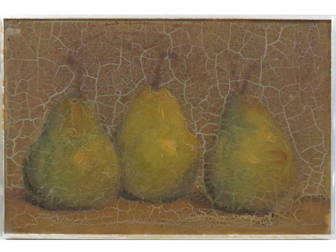ROBERT KULICKE (AMERICAN 1924-2007) OIL ON BOARD,: ROBERT KULICKE (AMERICAN 1924-2007) OIL ON BOARD, "THREE PEARS I", LABELED 1968. 8 X 12"; FRAMED 8 1/4 X 12 1/4"