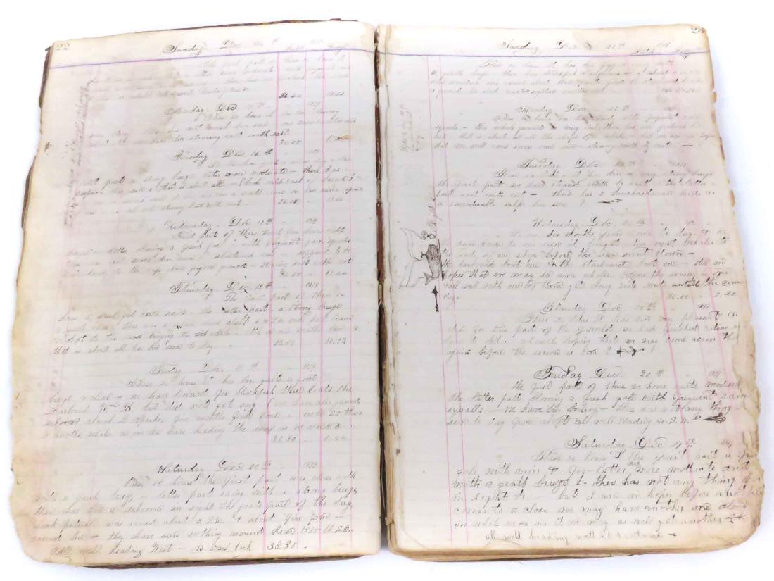 SHIPS LOG/LEDGER, THE WHALING BARK "ANDREW HICKS",: SHIPS LOG/LEDGER, THE WHALING BARK "ANDREW HICKS", SAILING FROM VINEYARD MASS JUNE 24, 1879 AND FROM NEW BEDFORD, FOLIO H. 14" (DAMAGES/LOSSES)