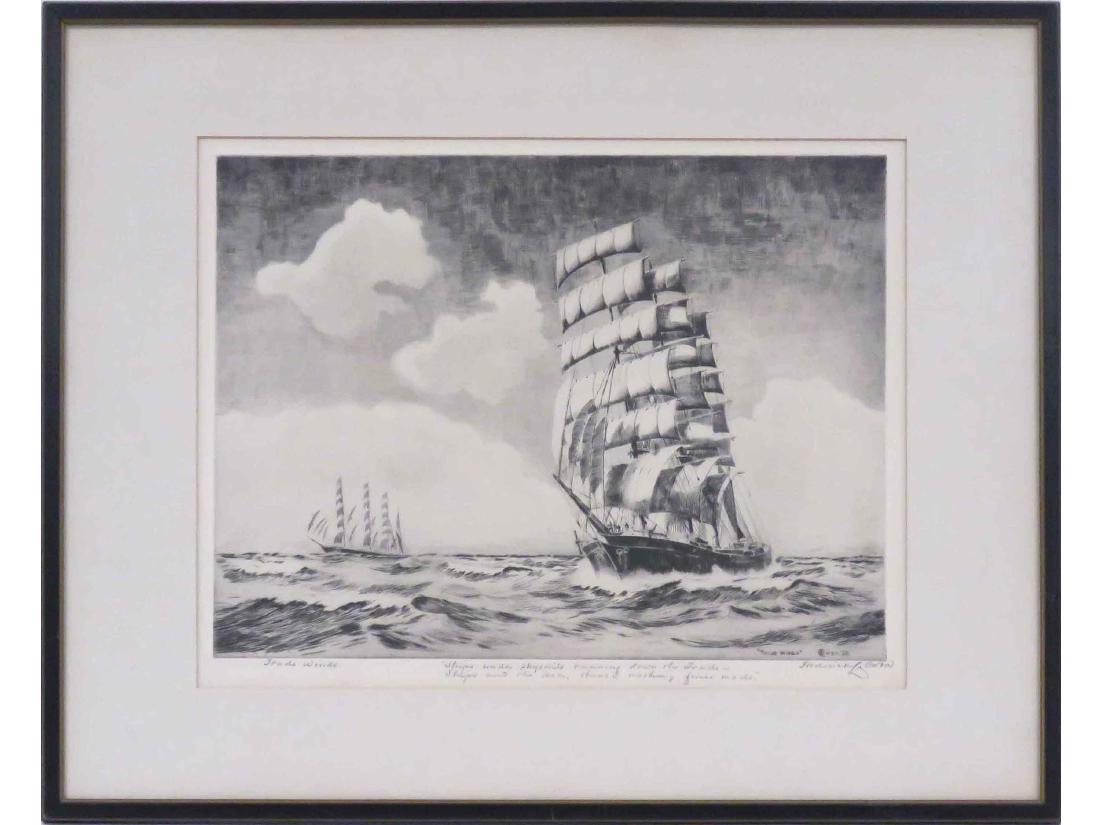FREDERICK L. OWEN (AMERICAN 1869-1959), ETCHING, "TRADE: FREDERICK L. OWEN (AMERICAN 1869-1959), ETCHING, "TRADE WINDS", SIGNED, TITLED & INSCRIBED, 1938. SIGHT 12 X 15"; FRAMED AND GLAZED 17 1/2 X 21 1/2"