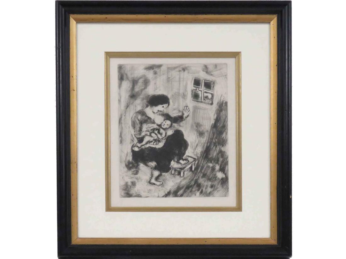MARC CHAGALL (FRENCH/RUSSIAN 1887-1985), ETCHING FROM: MARC CHAGALL (FRENCH/RUSSIAN 1887-1985), ETCHING FROM THE FABLES BY JEAN FONTAINE, THE WOLF THE MOTHER/CHILD, SIGNED 2X (IN PLATE), 1952. SIGHT 12 1/2 X 10 1/4"; FRAMED & GLAZED-22 X 19 1/2"
