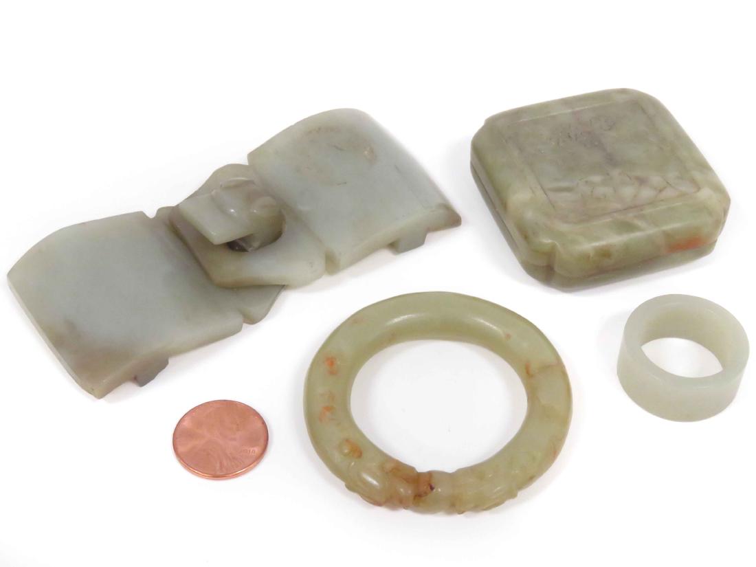 LOT (5) ANTIQUE CHINESE CARVED JADE/HARDSTONE INCLUDING: LOT (5) ANTIQUE CHINESE CARVED JADE/HARDSTONE INCLUDING (2) BUCKLES, BABY'S BRACELET, RING & SEAL WAX BOX