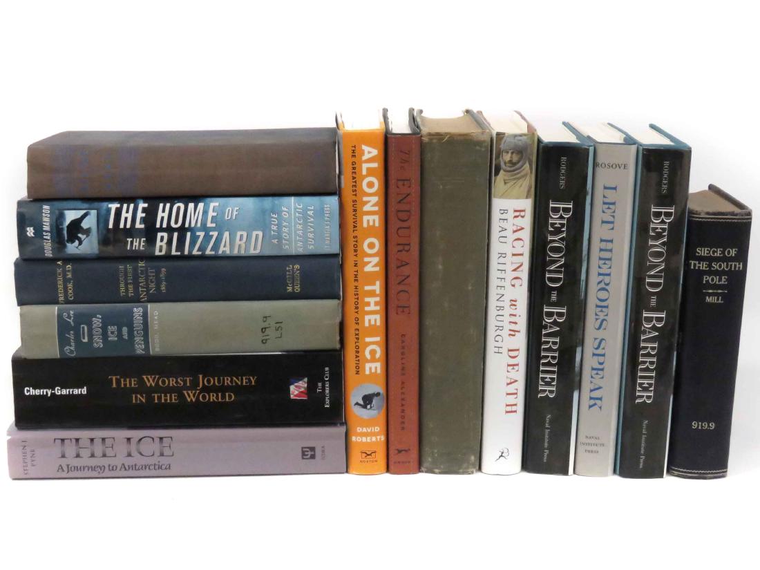LOT (14) VOLUMES-ANTARCTICA EXPLORATION INCLUDING: LOT (14) VOLUMES-ANTARCTICA EXPLORATION INCLUDING ALONE, BYRD, 1ST ED 1938 (SIGNED); THE SIEGE OF THE SOUTH POLE, MILL, 1ST ED, 1905 (WITH MAPS)
