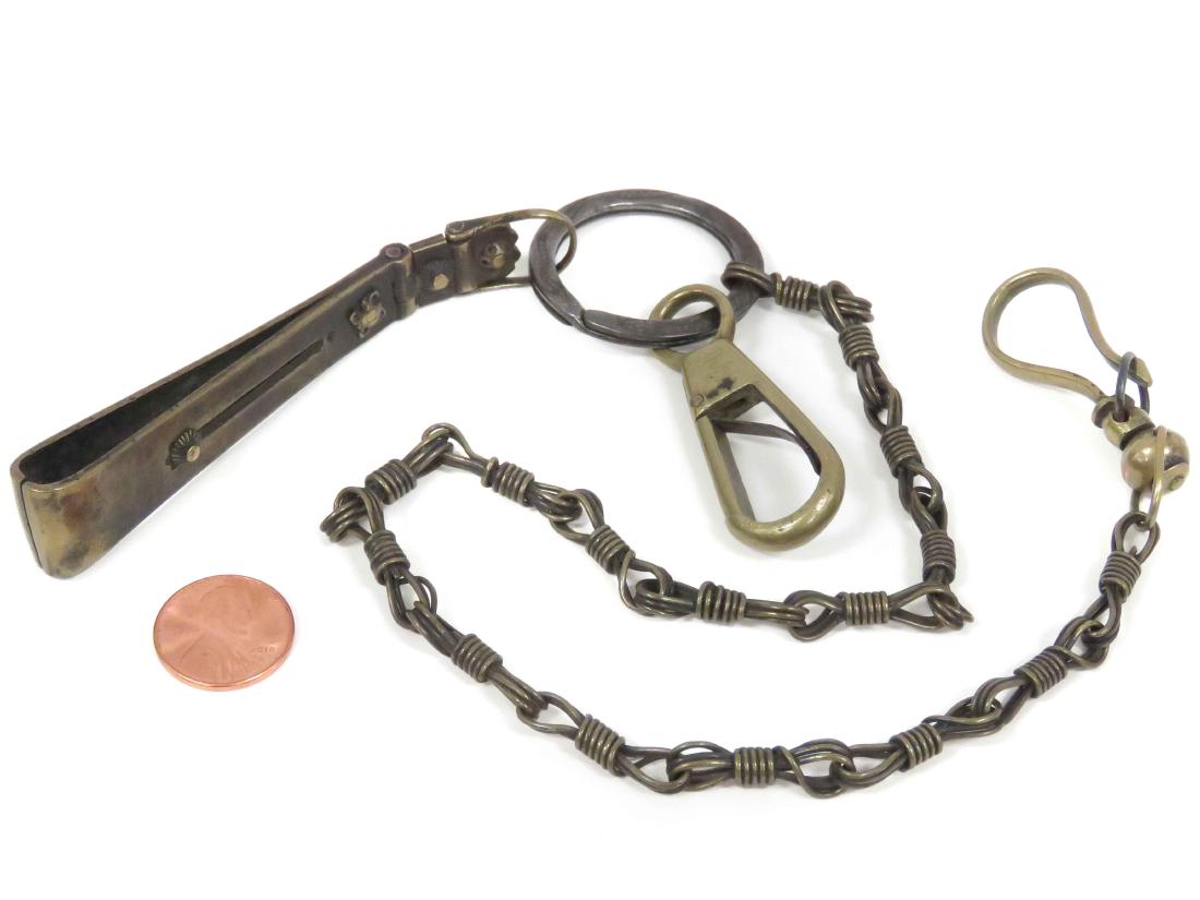 ANTIQUE CHINESE "LANDLORD'S KEY FOB" HAND FORGED STEEL: ANTIQUE CHINESE "LANDLORD'S KEY FOB" HAND FORGED STEEL CHAIN WITH BRASS AND BRONZE LOCK, MING. LENGTH 20"