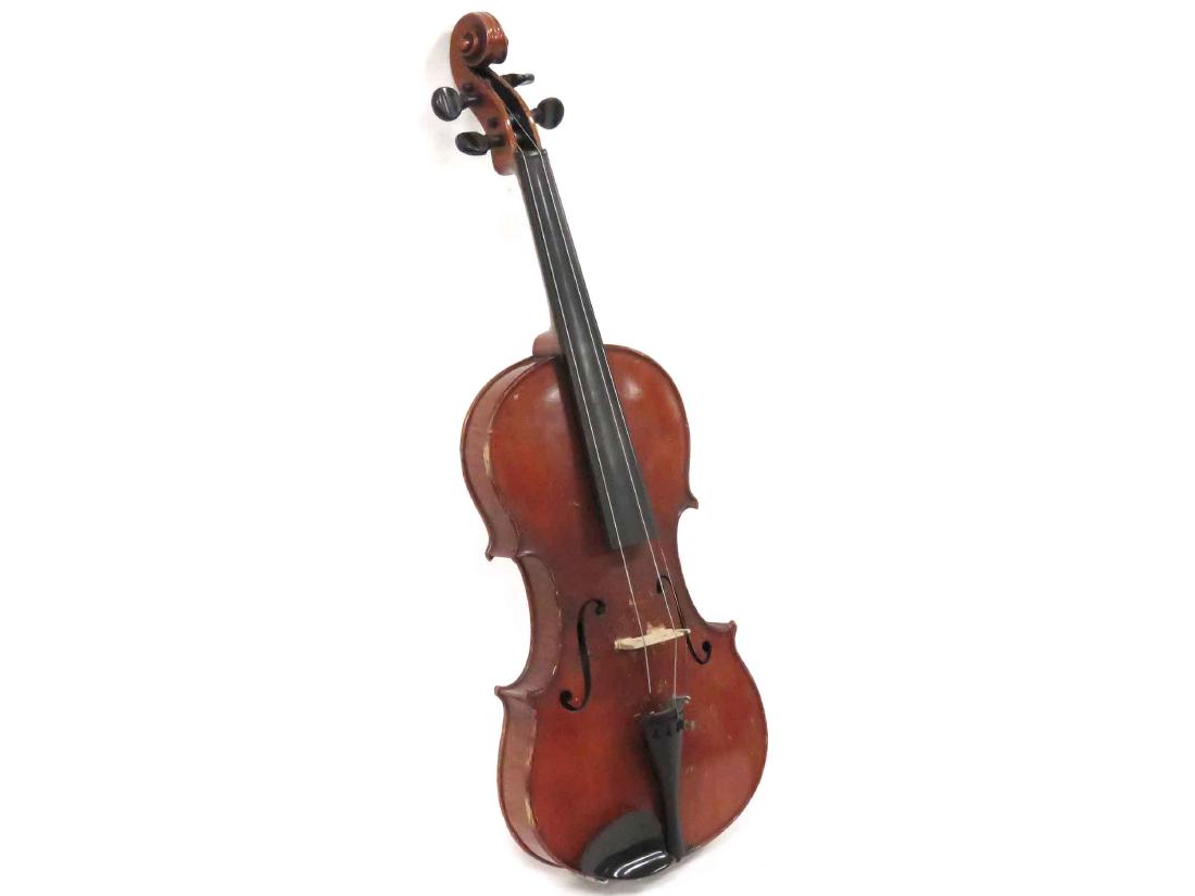 VINTAGE STRAD MOD GERMAN VIOLIN, LABELED WITH WOOD: VINTAGE STRAD MOD GERMAN VIOLIN, LABELED WITH WOOD CASE, 19TH CENTURY