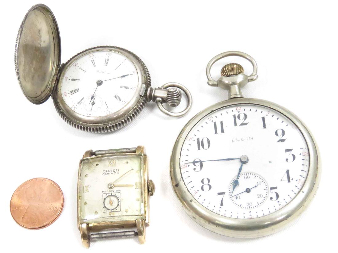 LOT (3) INCLUDING VINTAGE WALTHAM COIN SILVER WITH GOLD: LOT (3) INCLUDING VINTAGE WALTHAM COIN SILVER WITH GOLD INLAY HUNTER CASE PENDANT WATCH, 36MM; ELGIN SILVERODE OPEN-FACE POCKET WATCH, 50MM; GRUEN 10K GOLD FILLED CURVEX WRISTWATCH, 35MM