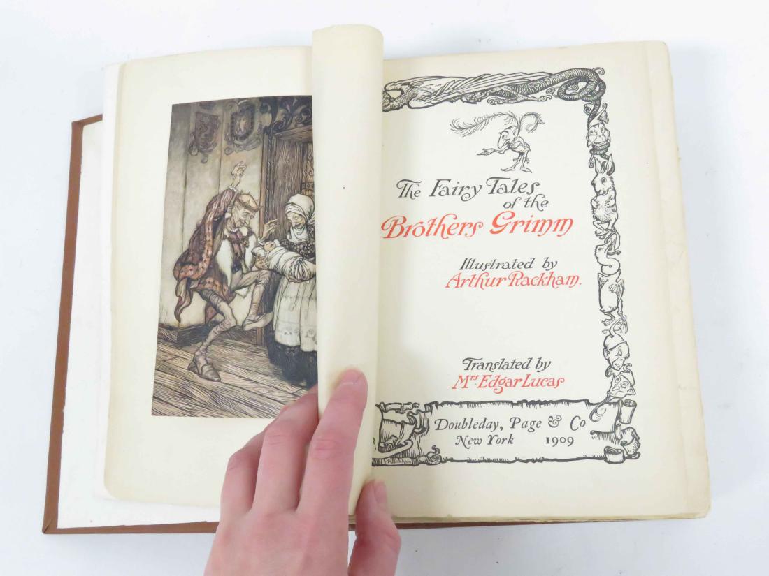 VOLUME-THE FAIRY TALES OF THE BROTHERS GRIMM, 1ST ED: VOLUME-THE FAIRY TALES OF THE BROTHERS GRIMM, 1ST ED (POSSIBLY PUBLISHER'S/PRINTERS ANNOTED COPY), DOUBLEDAY PAGE & CO, NY, 1909 (REVISED 1900 ED), TIPPED PLATES BY ARTHUR RACKHAM (REBOUND)