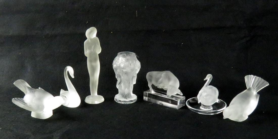 LOT (7) FROSTED ART GLASS FIGURES INCLUDING LALIQUE,: LOT (7) FROSTED ART GLASS FIGURES INCLUDING LALIQUE, CZECH AND UNSIGNED (Both doves and the bull have chips)