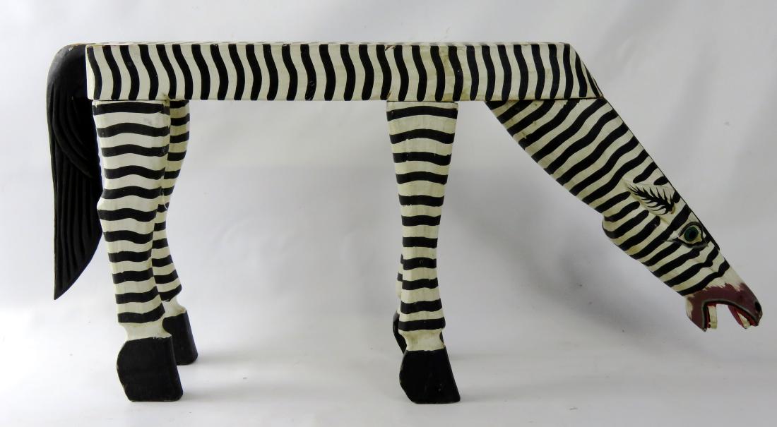 FOLK ART CARVED & PAINTED ZEBRA BENCH. HEIGHT 13 1/2"; (1 of 3)