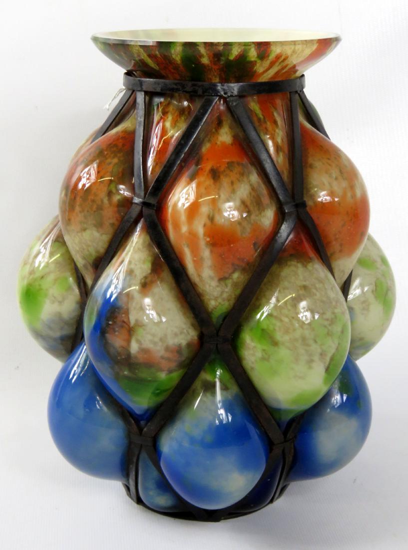 BLOWN ART GLASS WITH WROUGHT IRON STRAP WORK. HEIGHT 9" (1 of 1)