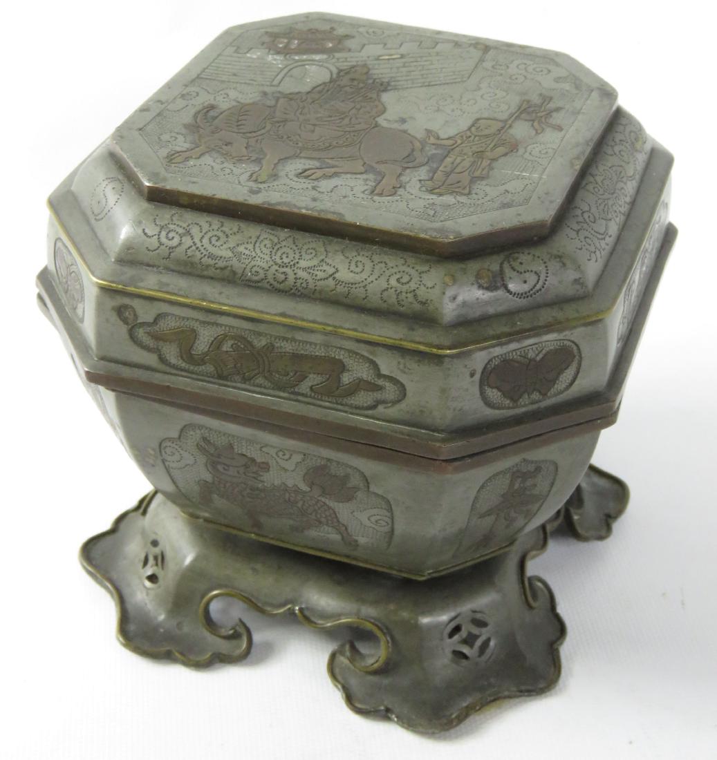 CHINESE BRASS & PEWTER INLAID & INCISED FOOTED COVERED (1 of 8)