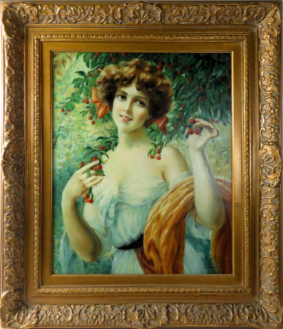 CONTINENTAL SCHOOL (20TH CENTURY), OIL ON CANVAS,: CONTINENTAL SCHOOL (20TH CENTURY), OIL ON CANVAS, PICKING CHERRIES, SIGNED. 24 X 20"; FRAMED 34 X 20"