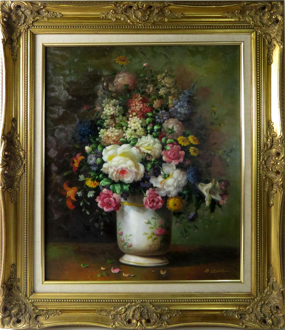 CONTINENTAL SCHOOL (20TH CENTURY), OIL ON CANVAS,: CONTINENTAL SCHOOL (20TH CENTURY), OIL ON CANVAS, FLORAL, SIGNED STONE. 24 X 20"; FRAMED 33 X 28"