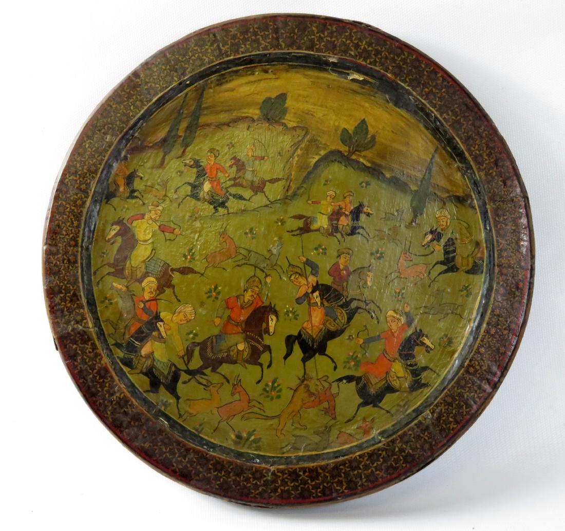 PERSIAN INLAID ROUND TRAY WITH PAINTED HUNT SCENE.: PERSIAN INLAID ROUND TRAY WITH PAINTED HUNT SCENE. DIAMETER 10 1/4"