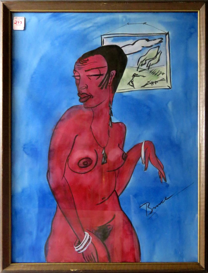 FRENCH SCHOOL (20TH CENTURY), WATERCOLOR, JOSEPHINE: FRENCH SCHOOL (20TH CENTURY), WATERCOLOR, JOSEPHINE BAKER, SIGNED BRUCE. SIGHT 24 X 17 1/2"; FRAMED & GLAZED-26 X 20"