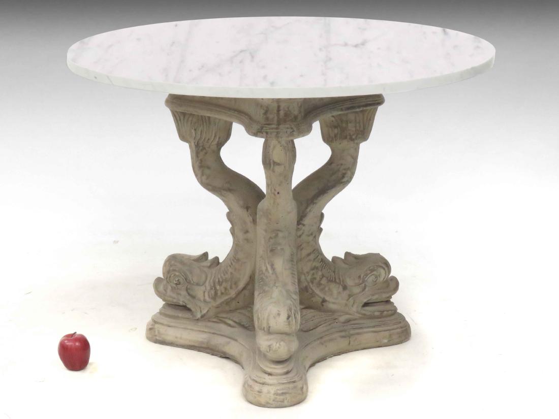 CAST STONE DOLPHIN BASE TABLE WITH MARBLE-TOP. HEIGHT: CAST STONE DOLPHIN BASE TABLE WITH MARBLE-TOP. HEIGHT 30"; DIAMETER 40"