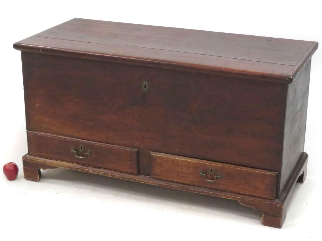 HUDSON VALLEY PINE BLANKET BOX WITH DRAWERS AND BRACKET: HUDSON VALLEY PINE BLANKET BOX WITH DRAWERS AND BRACKET FEET, 18/19TH CENTURY. HEIGHT 28"; WIDTH 50"