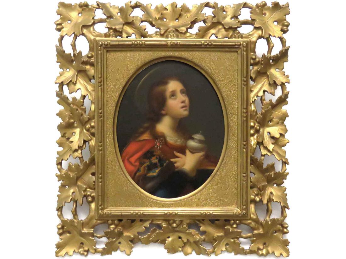 AFTER CARLO DOLCI (ITALIAN 1616-1680), OIL ON ARTIST: AFTER CARLO DOLCI (ITALIAN 1616-1680), OIL ON ARTIST BOARD, MARIA MAGDALENA, SIGNED VERSO/LABELED. 8 3/4 X 7" WITH FINE CARVED & GILT FLORENTINE FRAME-15 1/2 X 14"