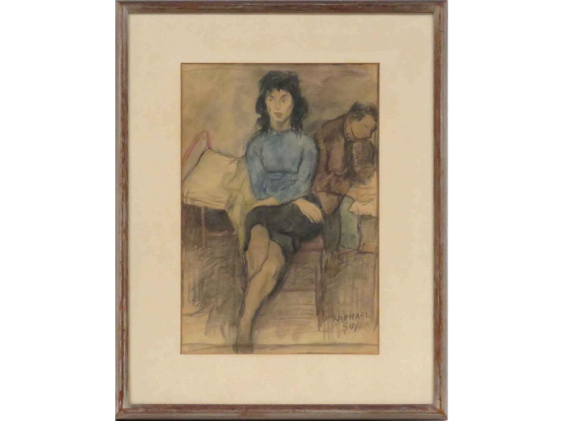 RAPHAEL SOYER (AMERICAN 1899-1987), WATERCOLOR &: RAPHAEL SOYER (AMERICAN 1899-1987), WATERCOLOR & CHARCOAL, "INTERIOR WITH FIGURES", SIGNED. SIGHT 16 X 10 1/2"; FRAMED & GLAZED-23 1/2 X 18" PROVENANCE: BABCOCK GALLERIES, 805 MADISON AVE, NYC (LABEL