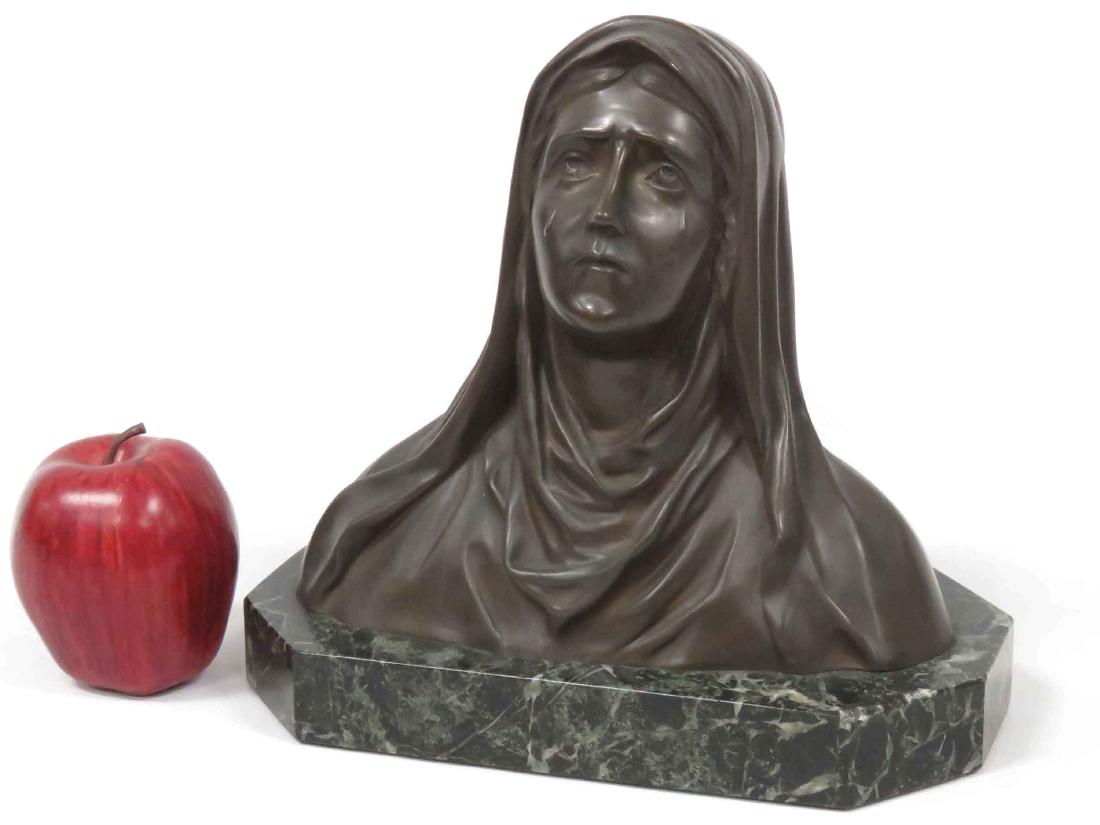 CONTINENTAL SCHOOL (20TH CENTURY), BRONZE, MADONNA OF: CONTINENTAL SCHOOL (20TH CENTURY), BRONZE, MADONNA OF SORROWS, SIGNED RUFFONY, ON MARBLE BASE. HEIGHT 9 1/2"; LENGTH 10"