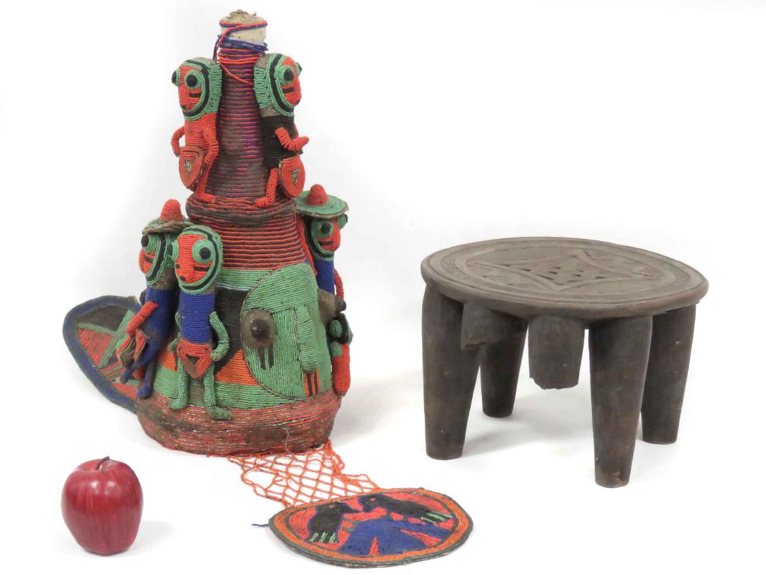 LOT (2) INCLUDING YORUBA, NIGERIA, BEADED DANCE: LOT (2) INCLUDING YORUBA, NIGERIA, BEADED DANCE HEADDRESS, HEIGHT 19" & CARVED WOOD STOOL, HEIGHT 8 1/2"; DIAMETER 12" (IMPERFECTIONS)