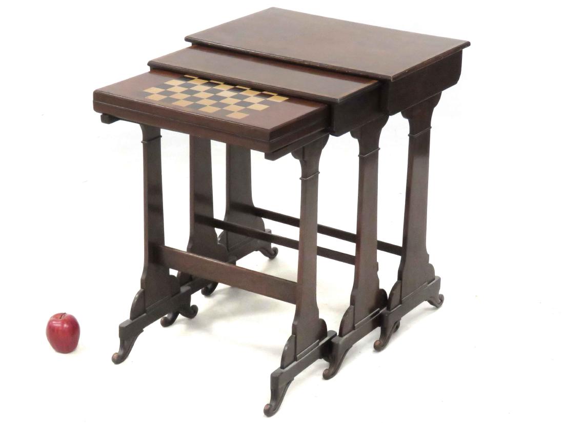 REGENCY STYLE INLAID MAHOGANY NESTING TABLES/GAME BOARD: REGENCY STYLE INLAID MAHOGANY NESTING TABLES/GAME BOARD SET. HEIGHT 27"; WIDTH 22" LARGEST