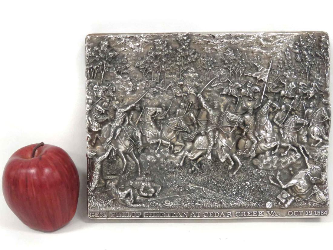 HENRYK WINOGRAD (POLISH/AMERICAN 1917-2008), STERLING: HENRYK WINOGRAD (POLISH/AMERICAN 1917-2008), STERLING SILVER REPOUSSE PANEL, "GEN. PHILIP SHERIDAN AT CEDAR CREEK VA, OCTOBER 19, 1864", SIGNED 1995. 7 3/4 X 10 1/4"; APPROXIMATELY 13 OZT