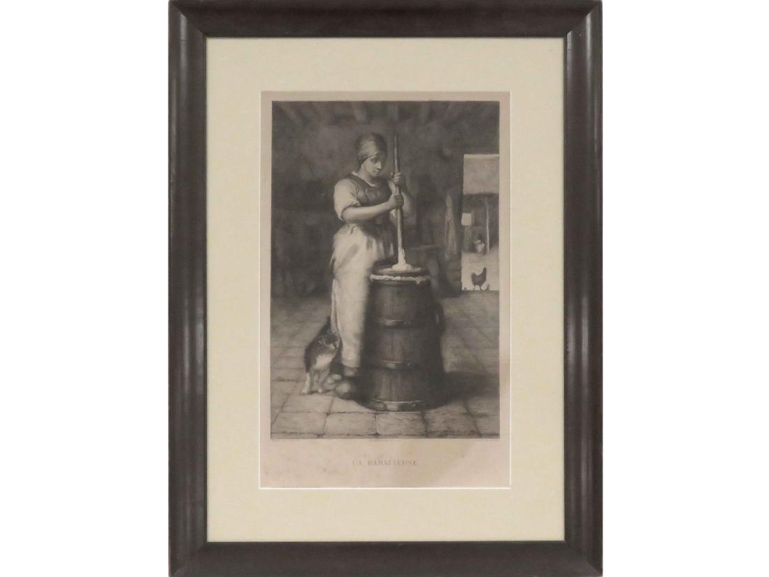 AFTER JEAN FRANCOIS MILLET (FRENCH 1814-1875),: AFTER JEAN FRANCOIS MILLET (FRENCH 1814-1875), ENGRAVING BY KRATKE, "LA BARATTEUSE". SIGHT 21 1/2 X 13 1/2"; FRAMED & GLAZED-31 1/2 X 23 1/2"