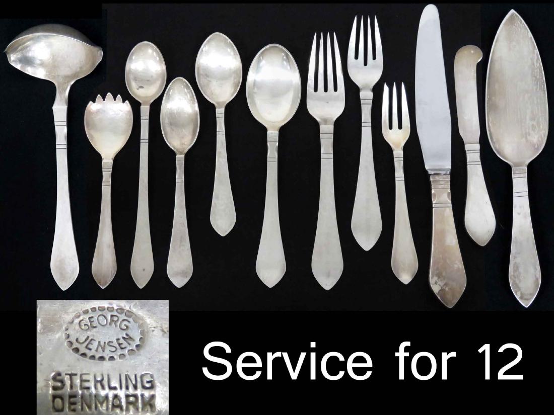 GEORG JENSEN CONTINENTAL/AKA ANTIK STERLING FLATWARE: GEORG JENSEN CONTINENTAL/AKA ANTIK STERLING FLATWARE SERVICE FOR (12), MONOGRAM "M", DESIGNED BY GEORG JENSEN, 1906 (128 PIECES, WEIGHABLE SILVER 129.7 OZT