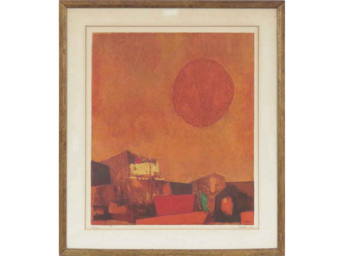 MORDECAI ARDON (POLISH/ISRAEL 1896-1992), LITHOGRAPH,: MORDECAI ARDON (POLISH/ISRAEL 1896-1992), LITHOGRAPH, RED SUN OVER MA'ABARA, SIGNED #68/100. SIGHT 21 X 17 1/2"; FRAMED & GLAZED-26 1/2 X 23"