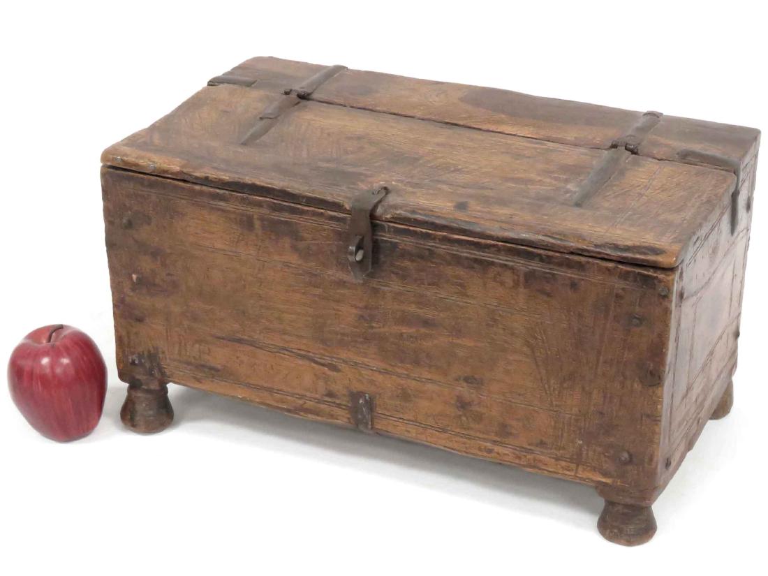 INDIAN CARVED/IRON MOUNTED MAHOGANY FOOTED BOX, 19TH: INDIAN CARVED/IRON MOUNTED MAHOGANY FOOTED BOX, 19TH CENTURY. HEIGHT 9"; TOP 10 X 17"