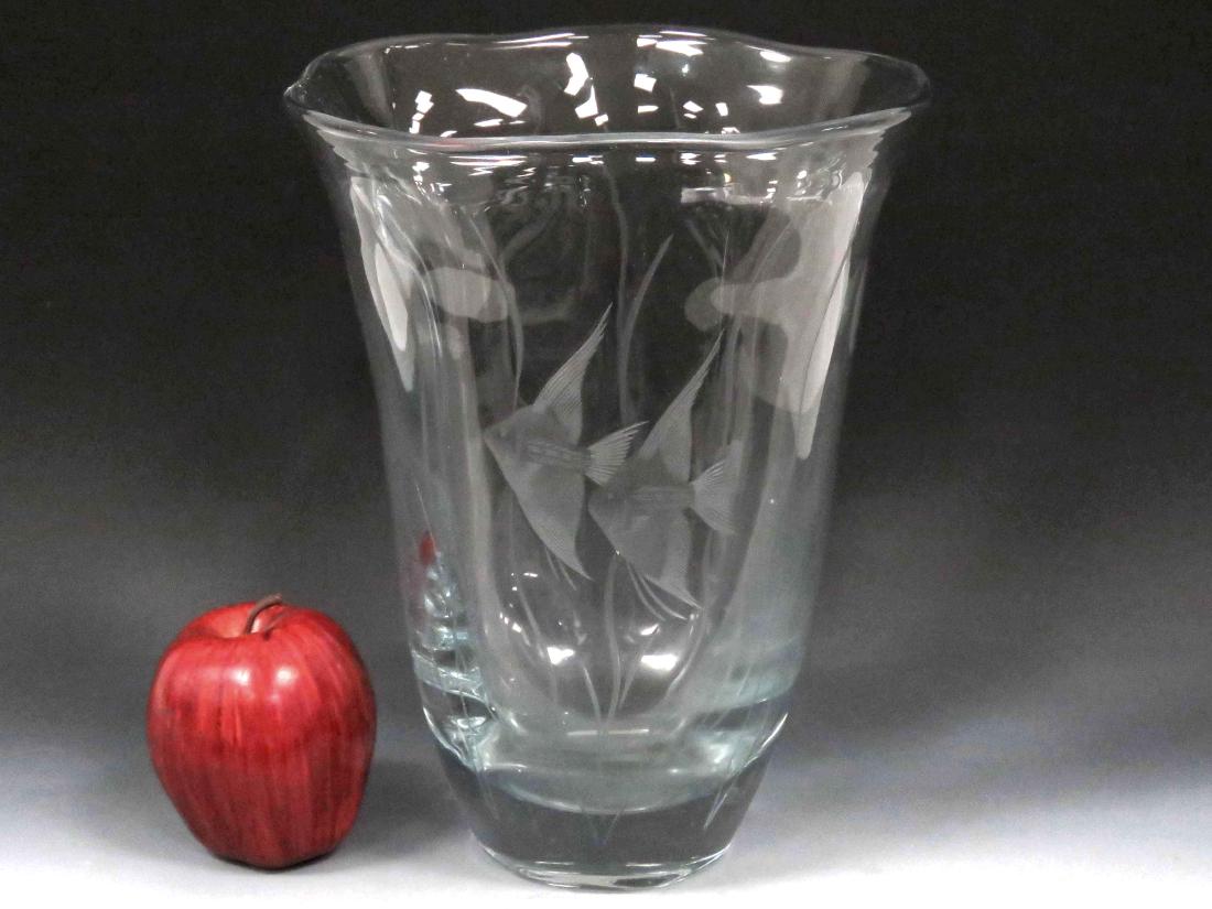 SCANDINAVIAN CARVED ART GLASS VASE, ANGEL FISH, #2597.: SCANDINAVIAN CARVED ART GLASS VASE, ANGEL FISH, #2597. HEIGHT 10 1/2"