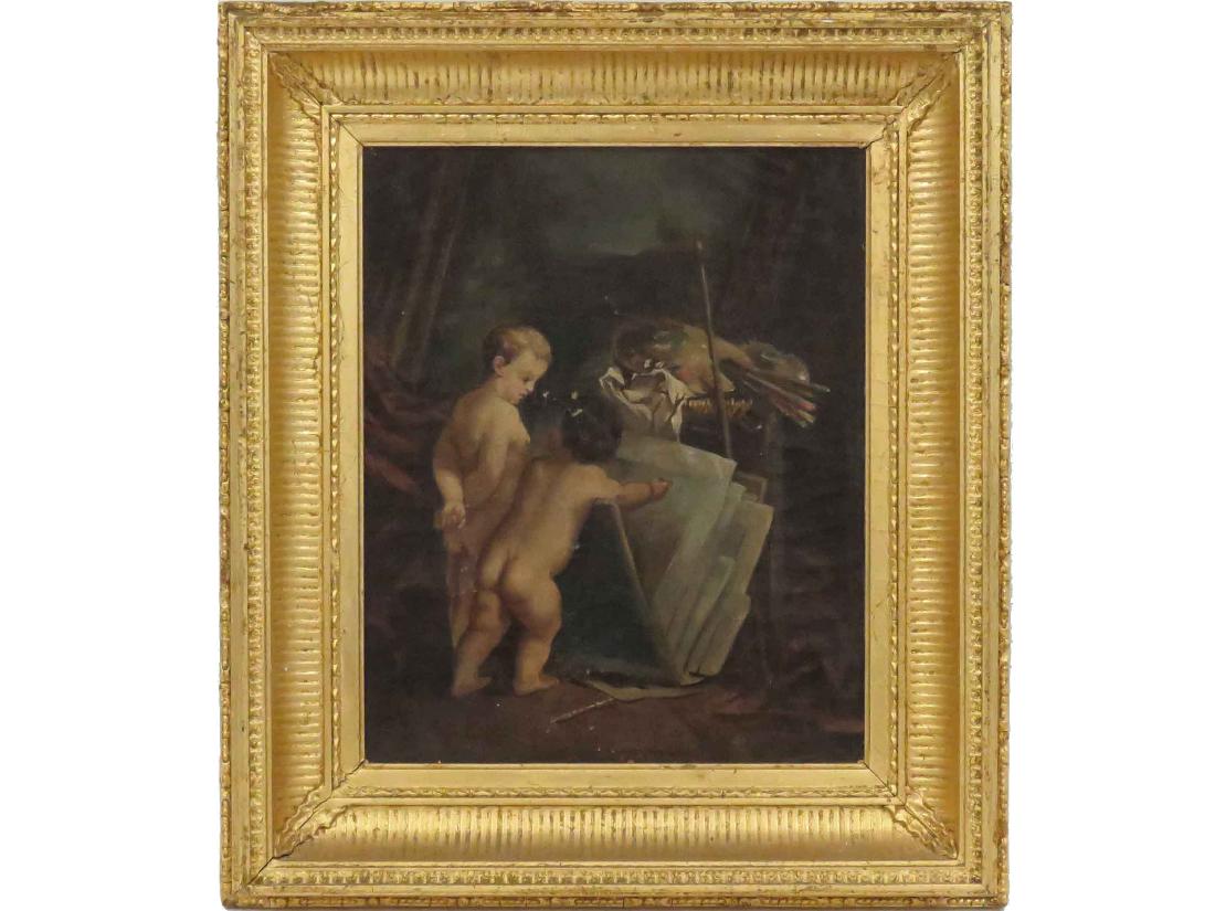 CONTINENTAL SCHOOL (19TH CENTURY), OIL ON CANVAS, PUTTI: CONTINENTAL SCHOOL (19TH CENTURY), OIL ON CANVAS, PUTTI IN THE ARTIST'S STUDIO, UNSIGNED. 10 1/2 X 8 1/2"; FRAMED 15 X 13" (PAINT CHIPS)