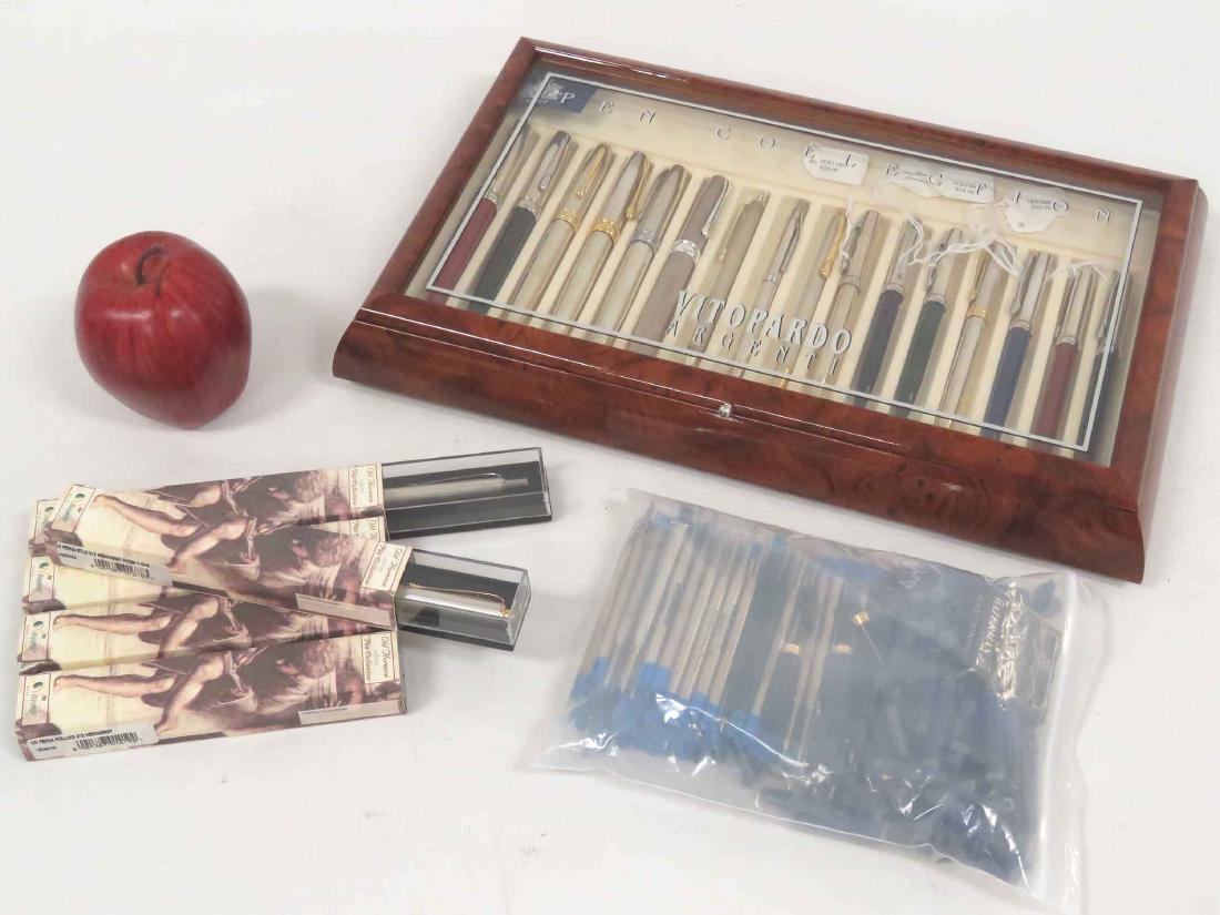VITOPARDO ARGENTI (STERLING SILVER), PEN COLLECTION: VITOPARDO ARGENTI (STERLING SILVER), PEN COLLECTION WITH BURL WALNUT DISPLAY CASE INCLUDING (8) FOUNTAIN PENS, (13) BALL PENS/ROLLER BALL PENS AND MECHANICAL PENCILS, REFILLS, CARTRIDGES, EXTRA NIBS, 