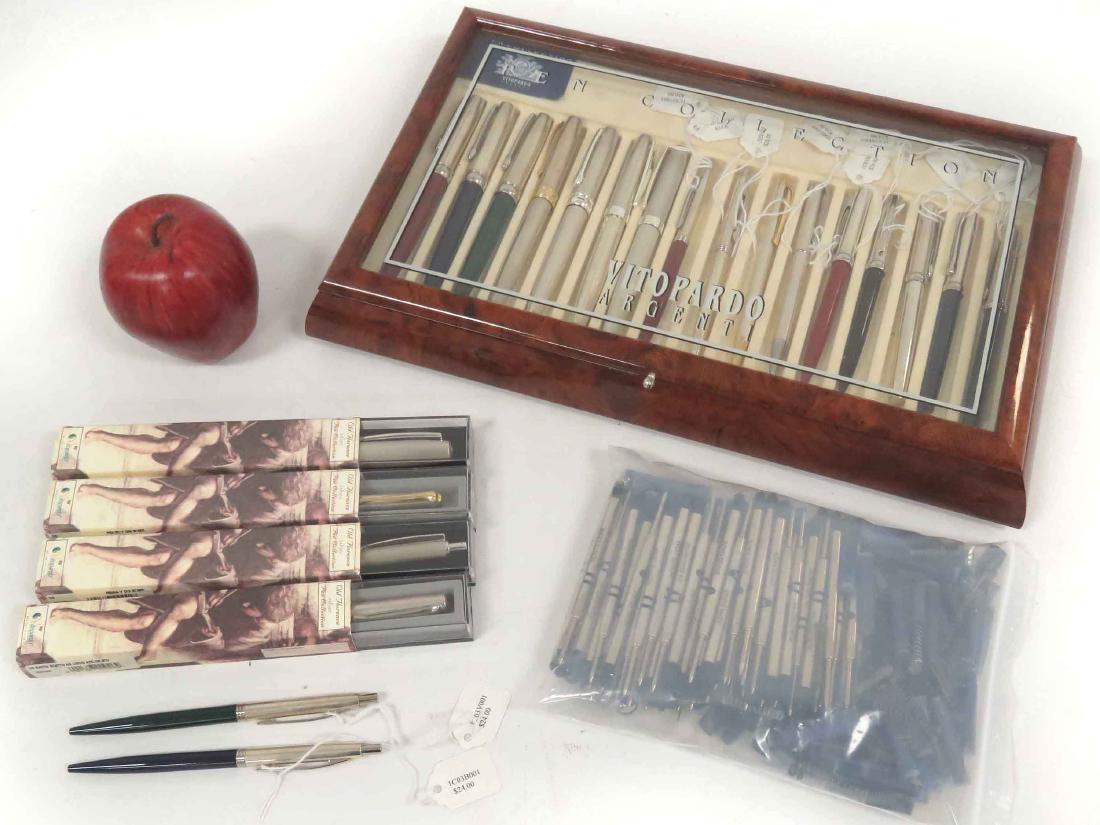 VITOPARDO ARGENTI (STERLING SILVER), PEN COLLECTION: VITOPARDO ARGENTI (STERLING SILVER), PEN COLLECTION WITH BURL WALNUT DISPLAY CASE INCLUDING (2) FOUNTAIN PENS, (20) BALL PENS/ROLLER BALL PENS AND MECHANICAL PENCILS, REFILLS, CARTRIDGES, EXTRA NIBS, 